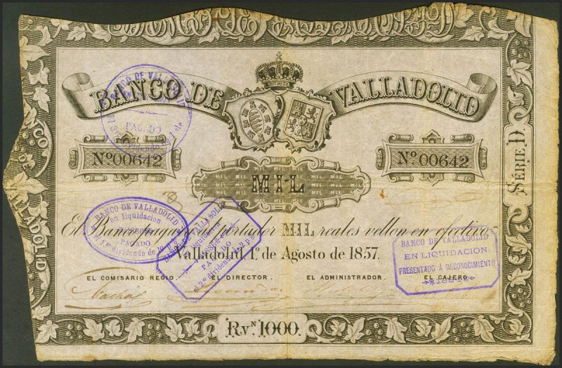 1000 Reales. 1 de Agosto de 1857. Banco de Valladolid. Serie D y numeración baja...