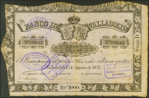 1000 Reales. 1 de Agosto de 1857. Banco de Valladolid. Serie D y numeración baja. (Edifil 2021: 134). Muy raro. MBC.