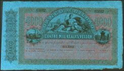 4000 Reales. 21 de Agosto de 1857. Banco de Bilbao. Serie A. Sin firmas y con numeración. (Edifil 2021: 148). SC-.