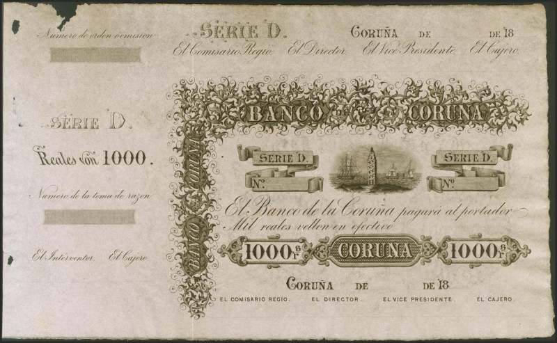 1000 Reales de Vellón. 25 de Noviembre de 1857. Banco de La Coruña. Serie D, sin...