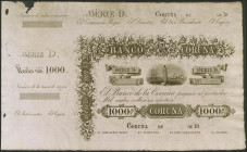 1000 Reales de Vellón. 25 de Noviembre de 1857. Banco de La Coruña. Serie D, sin numeración y sin firmas, con matriz superior y a la izquierda (sin fe...