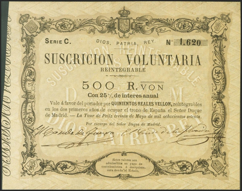 500 Reales de Vellón. 30 de Mayo de 1870. Emisión de Tour de Peilz. Serie C. (Ed...