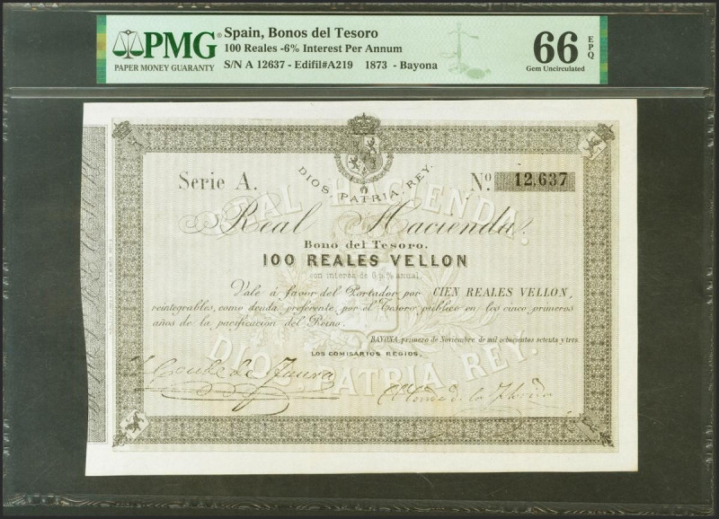 100 Reales de Vellón. 1 de Noviembre de 1873. Real Hacienda. Serie A. (Edifil 20...