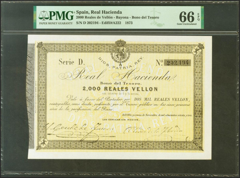 2000 Reales de Vellón. 1 de Noviembre de 1873. Real Hacienda. Serie D. (Edifil 2...