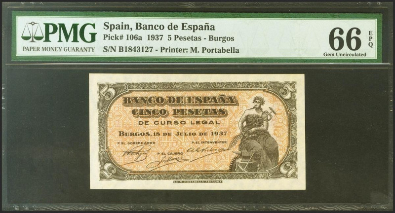 5 Pesetas. 18 de Julio de 1937. Serie B. (Edifil 2021: 424a, Pick: 106a). Inusua...