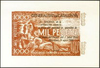 Prueba en color castaño de un billete No Emitido de la Generalitat de Catalunya de 1000 Pesetas, fechada el 10 de Agosto de 1950, con la serie H. (bil...