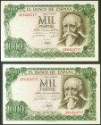 Interesante conjunto de 2 billetes de 1000 Pesetas emitidos el 17 de Septiembre de 1971, los dos con la misma numeración y serie 2F. (Edifil 2021: 471...