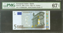 5 Euros. 1 de Enero de 2002. Firma Trichet. Serie V (España). (Edifil 2021: 486A, Pick: 1v). SC. Encapsulado PMG67EPQ.