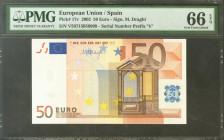 50 Euros. 1 de Enero de 2002. Firma Draghi. Serie V (España). (Edifil 2017: 489B). SC. Encapsulado PMG66EPQ.