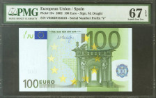 100 Euros. 1 de Enero de 2002. Firma Draghi. Serie V (España). (Edifil 2021: 490B, Pick: 18v). SC. Encapsulado PMG67EPQ.