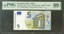 5 Euros. 2 de Mayo de 2013. Firma Draghi. Serie V (España). (Edifil 2021: 493, Pick: 20v). SC. Encapsulado PMG68EPQ.