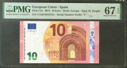 10 Euros. 23 de Septiembre de 2014. Firma Draghi. Serie V (España). (Edifil 2021: 494, Pick: 28v). SC. Encapsulado PMG67EPQ.