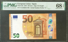 50 Euros. 4 de Abril de 2017. Firma Draghi. Serie V (España). (Edifil 2017: 496, Pick: 23s). SC. Encapsulado PMG68EPQ.