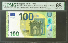100 Euros. 28 de Mayo de 2019. Firma Draghi. Serie V (España). (Edifil 2017: 497, Pick: 24v). SC. Encapsulado PMG68EPQ.