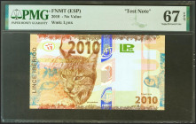 Prueba de billete de la FNMT, emitido en el 2010. No catalogado. Encapsulado PMG67EPQ. SC.