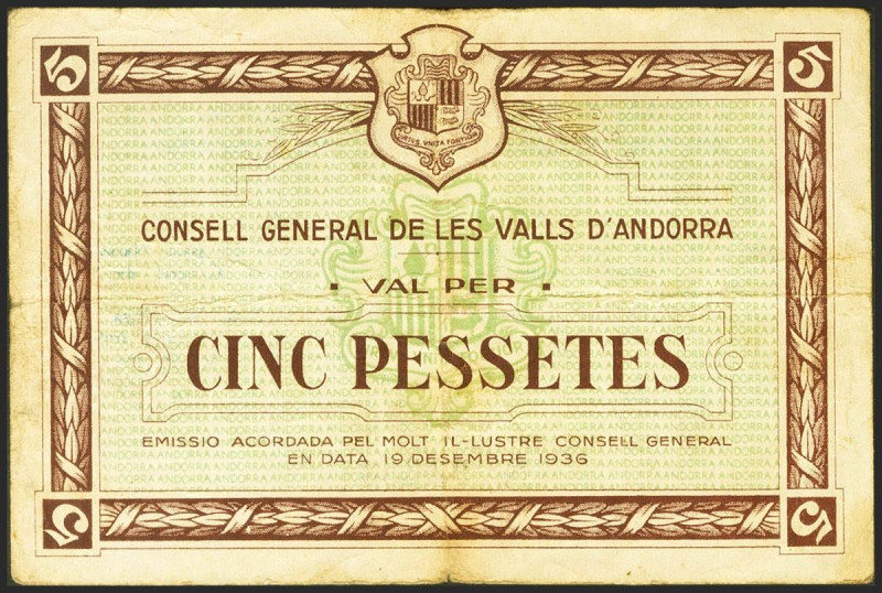 ANDORRA. 5 Pessetes. 19 de Diciembre de 1936. (Edifil 2021: 7, Pick: 8). Raro. M...