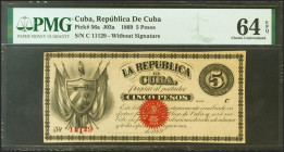 REPUBLICA DE CUBA. 5 Pesos. 1869. Serie C. (Edifil 2021: 32, Pick: 56a). Inusual en esta calidad, apresto original. SC. Encapsulado PMG64EPQ.