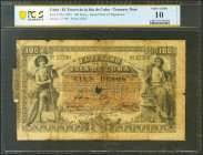 BANCO ESPAÑOL DE LA ISLA DE CUBA. 100 Pesos. 12 de Agosto de 1891. Sin serie. (Edifil 2021: 67, Echenagusía: 39, Pick: 43a). MBC-. Encapsulado PCGS10D...