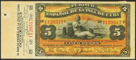 BANCO ESPAÑOL DE LA ISLA DE CUBA. 5 Pesos. 16 de Agosto de 1896. Serie F, matriz a la izquierda. (Edifil 2021: 72). Apresto original, rarísimo con la ...