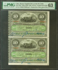 BANCO ESPAÑOL DE LA ISLA DE CUBA. Conjunto de 2 billetes correlativos de 10 Pesos (sin desprender), emitidos el 15 de Mayo de 1896, serie E. (Edifil 2...