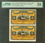 BANCO ESPAÑOL DE LA ISLA DE CUBA. Conjunto de 2 billetes correlativos de 5 Pesos (sin desprender), emitidos el 15 de Mayo de 1896, serie F y con sobre...