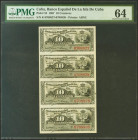 BANCO ESPAÑOL DE LA ISLA DE CUBA. Conjunto de 4 billetes correlativos de 10 Centavos (sin desprender), emitidos el 15 de Febrero de 1897. Serie K. (Ed...