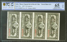 BANCO ESPAÑOL DE LA ISLA DE CUBA. Conjunto de 4 billetes correlativos de 20 Centavos (sin desprender), emitidos el 15 de Febrero de 1897 (Edifil 2021:...
