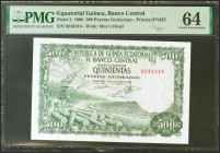 GUINEA ECUATORIAL. 500 Pesetas. 12 de Octubre de 1969. Sin serie. (Pick: 2). SC. Encapsulado PMG64.