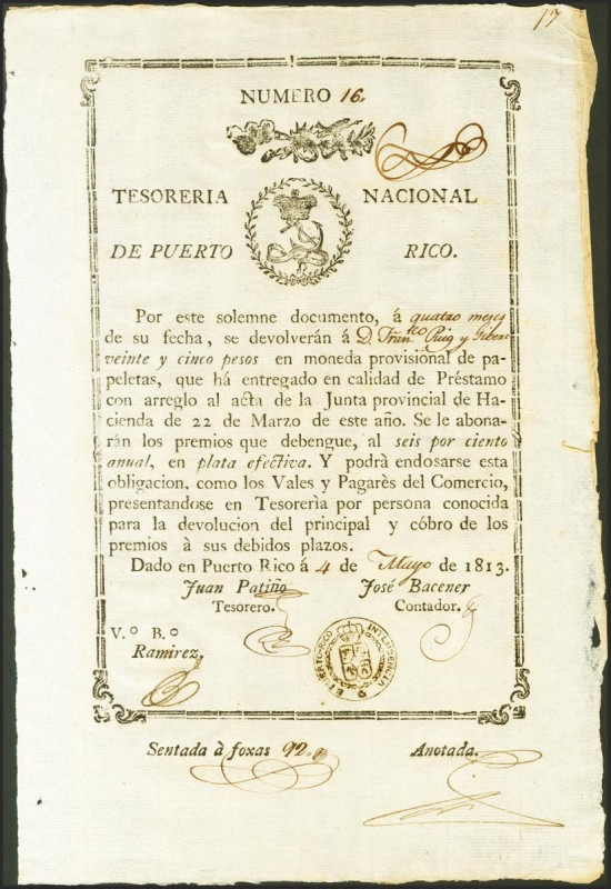 PUERTO RICO. 25 Pesos. 4 de Mayo de 1813. Real Tesorería. Sin serie. (Edifil 202...