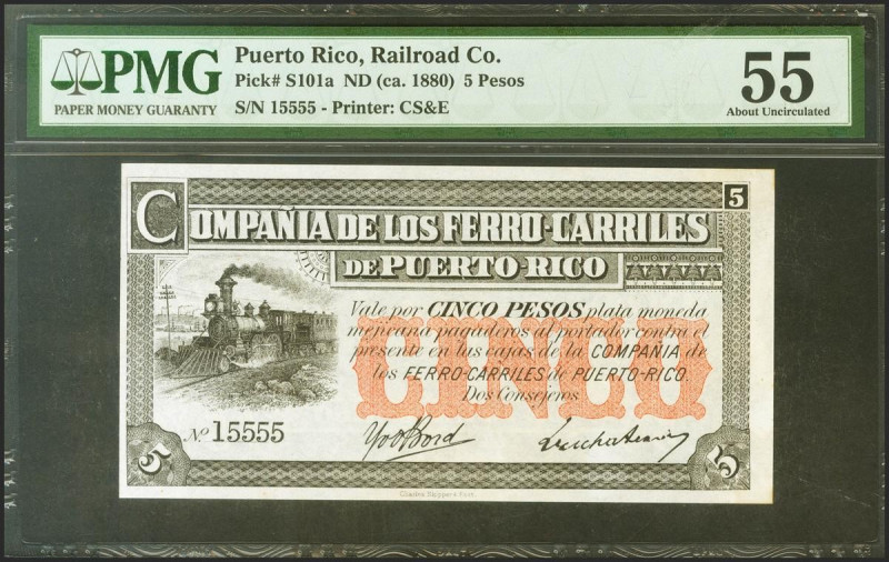 PUERTO RICO COMPAÑIA DE LOS FERROCARRILES. 5 Pesos. (1880ca). Sin serie. (Edifil...
