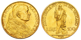 Vatican. Pius XI. 100 lire. 1936 (Anno XV). Rome. (Km-10). (Fried-285). (Pagani-619). Au. 5,19 g. Almost MS. Est...300,00. 

Spanish Description: Va...