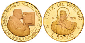 Vatican. Joannes Paulus II. 50.000 lire. 1997. R. (Km-288). Au. 7,50 g. Mintage: 6.000. PROOF. Est...400,00. 

Spanish Description: Vaticano. Juan P...