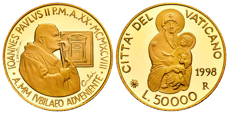 Vatican. Joannes Paulus II. 50.000 lire. 1998. R. (Km-301). Au. 7,50 g. In a box...