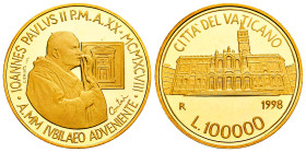 Vatican. Joannes Paulus II. 100.000 lire. 1998. R. (Km-302). (Fried-431). Au. 15,00 g. In a box and with offical certificate. Mintage: 6.000. PROOF. E...