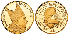 Vatican. Benedictus XVI. 20 euros. 2008. R. (Km-408). (Fried-452). Au. 6,00 g. In a box and with offical certificate. Mintage: 2.930. PROOF. Est...300...