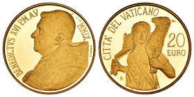 Vatican. Benedictus XVI. 20 euros. 2009. R. (Km-416). (Fried-455). Au. 6,00 g. Mintage: 2.934. PROOF. Est...300,00. 

Spanish Description: Vaticano....