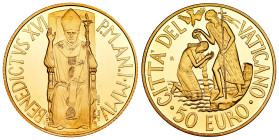 Vatican. Benedictus XVI. 50 euro. 2005. R. (Km-393). (Fried-444). Au. 15,00 g. In a box and with offical certificate. Mintage: 3.044. PROOF. Est...700...
