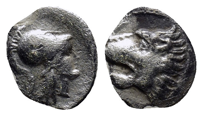 Pamphylia. Side circa 370-360 BC. Obol AR. (10mm, 0.3 g) Head of Athena right we...