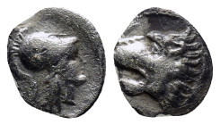 Pamphylia. Side circa 370-360 BC. Obol AR. (10mm, 0.3 g) Head of Athena right wearing crested Corinthian helmet. Rev. Lion’s head left with open jaws ...