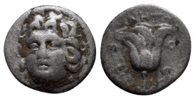 CRETE, Rhodian mercenaries. Circa 205-200 BC. AR Drachm (15mm, 2.1 g). Pseudo-Rhodian type. Ainetor, commander. Head of Helios facing slightly left / ...