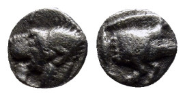 Mysia, Kyzikos AR Obol. (6mm, 0.1 g) Circa 450-400 BC. Head of roaring lion to left; retrograde K to upper left, all within incuse square. / Forepart ...