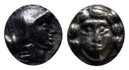 Pisidia. Selge circa 350-300 BC. Obol AR (8mm, 0.8 g) Head of Athena to right, wearing crested Attic helmet; behind, astragalos. / Gorgoneion.