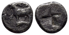 THRACE, Byzantion. Circa 387/6-340 BC. AR Half Siglos (12mm, 2.6 g). Bull standing left on dolphin left / Quadripartite incuse square of mill-sail pat...