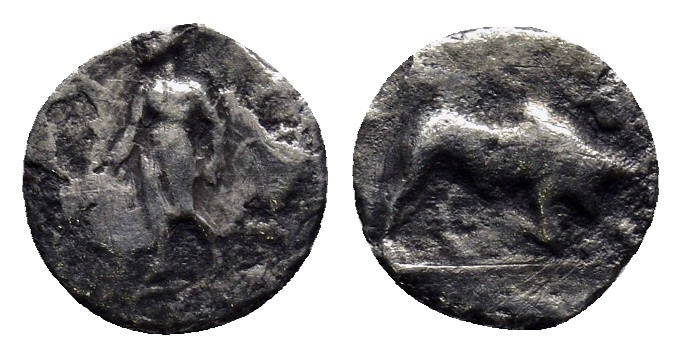 Cilicia. Uncertain mint circa 400-300 BC. Obol AR (8mm, 0.3 g) Male figure stand...