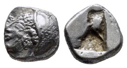 IONIA, Phokaia. Circa 521-478 BC. AR diobol (10mm, 1.5 g). Phokaic standard. Female head left, wearing helmet or close fitting cap / Quadripartite inc...