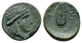 THRACE. Apros. Ae (17mm, 3.4 g) (Circa 260-252/0 or 240/30-218/3 BC). Obv: Laureate head of Apollo right. Rev: ΑΠΡΗ / ΝΩΝ. Thyreos (oval shield)...