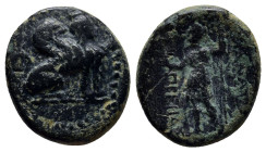 PAMPHYLIA. Perge. Ae (17mm, 3.8 g) (Circa 260-230 BC). Obv: Sphinx seated right. Rev: ИΑΝΑΨΑΣ - ΠΡEIIAΣ. Artemis standing left, holding wreath and sce...