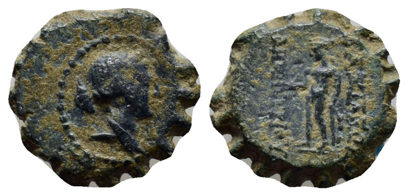 Seleukid Kingdom. Demetrios I Soter 162-150 BC. Serrate Æ (15mm, 2.5 g). Bust of...