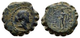Seleukid Kingdom. Demetrios I Soter 162-150 BC. Serrate Æ (15mm, 2.5 g). Bust of Artemis right, wearing stephane, bow and quiver at shoulder / BAΣIΛΕΩ...