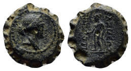 Seleukid Kingdom. Demetrios I Soter 162-150 BC. Serrate Æ (14mm, 3.2 g). Bust of Artemis right, wearing stephane, bow and quiver at shoulder / BAΣIΛΕΩ...
